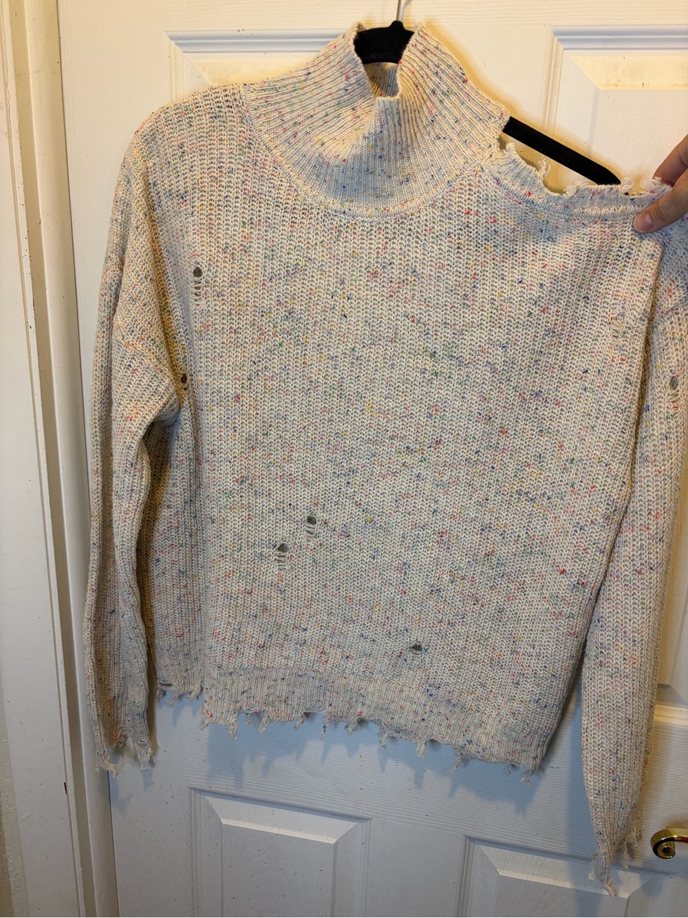 Coeur de Vague Distressed Cold Shoulder Cream Knit Sweater